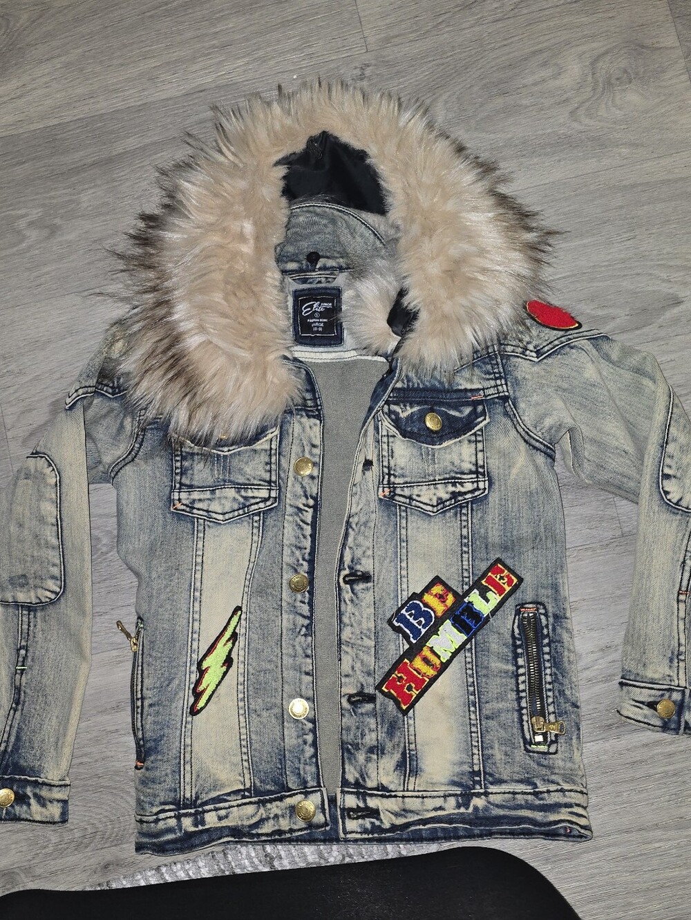 Light Wash Denim Jacket with Faux Fur Hood